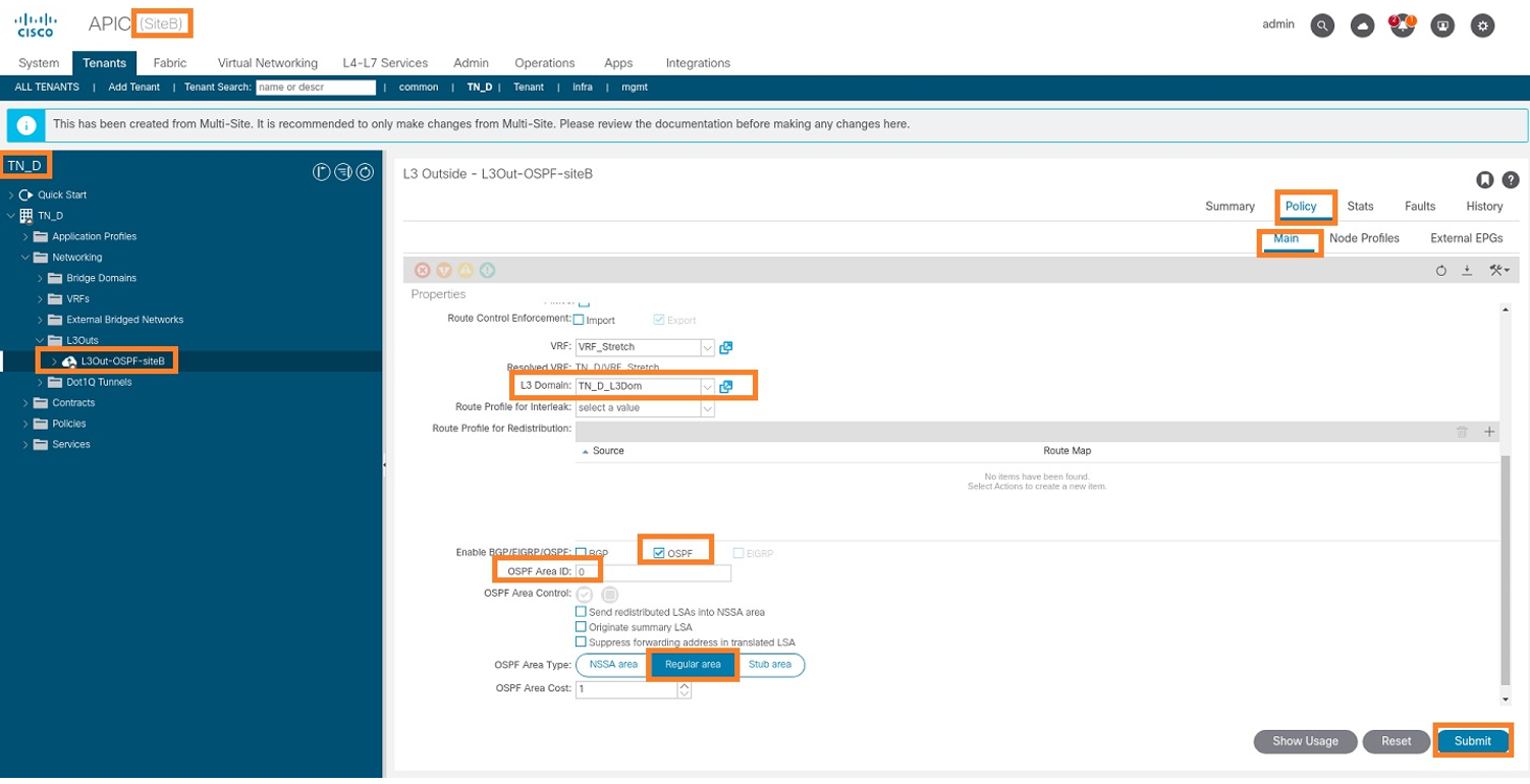 Configure Intersite L3out With ACI Multi-Site Fabrics - Add the L3 Domain, Enable the OSPF Protocol, and Configure OSPF