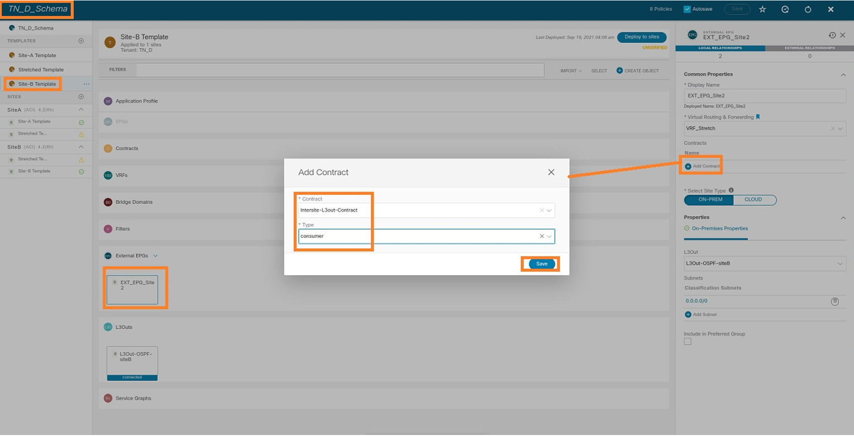 Configure Intersite L3out With ACI Multi-Site Fabrics - Add Contract to External EPG as Consumer