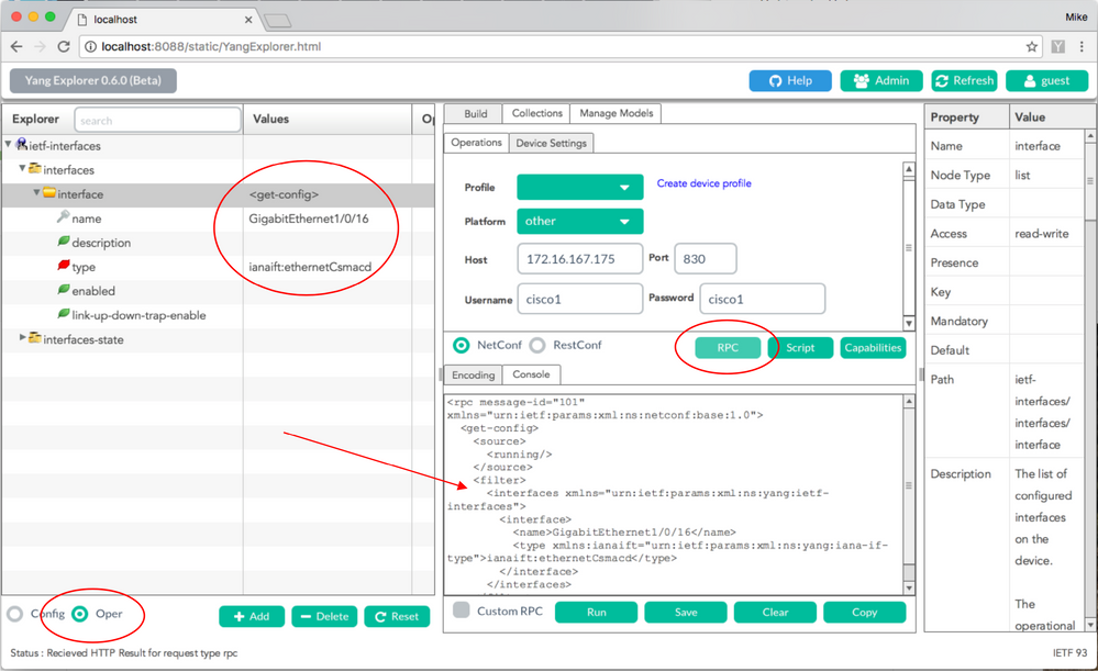 Opção desejada selecionada no lado esquerdo da seção Explorer da GUI do aplicativo Yang Explorer