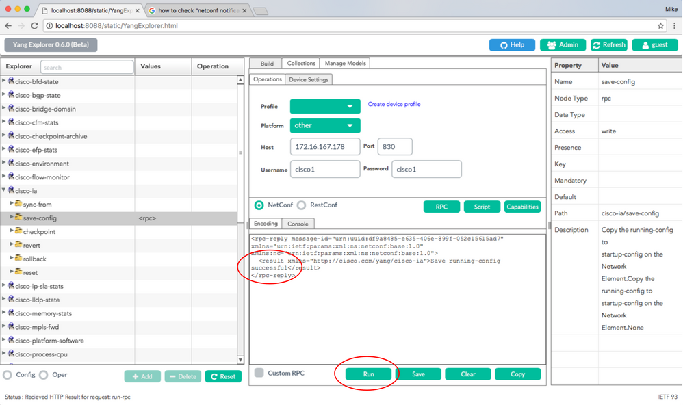 Executar está selecionado para enviar a mensagem RPC ao Catalyst 3850