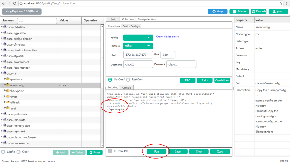 Executar está selecionado para enviar a mensagem RPC ao Catalyst 3850