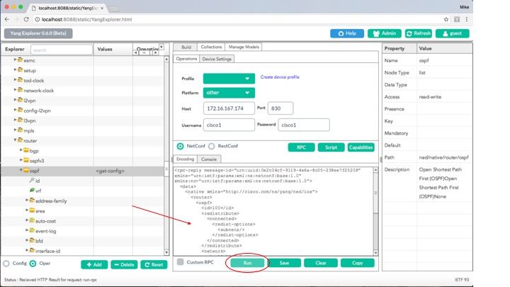 Executar é Selecionado para Enviar Mensagem ao Catalyst 3850 via NETCONF