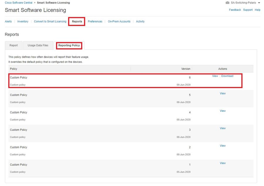 Screenshot of CSSM Showing Custom Reporting Policy under Reports