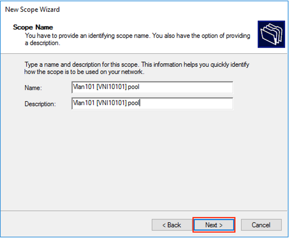 win2016, Define the name and description for the DHCP scope