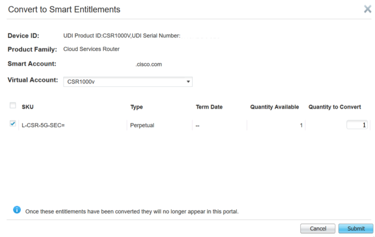 Choose the Virtual Account, select the licenses to convert, and click Submit