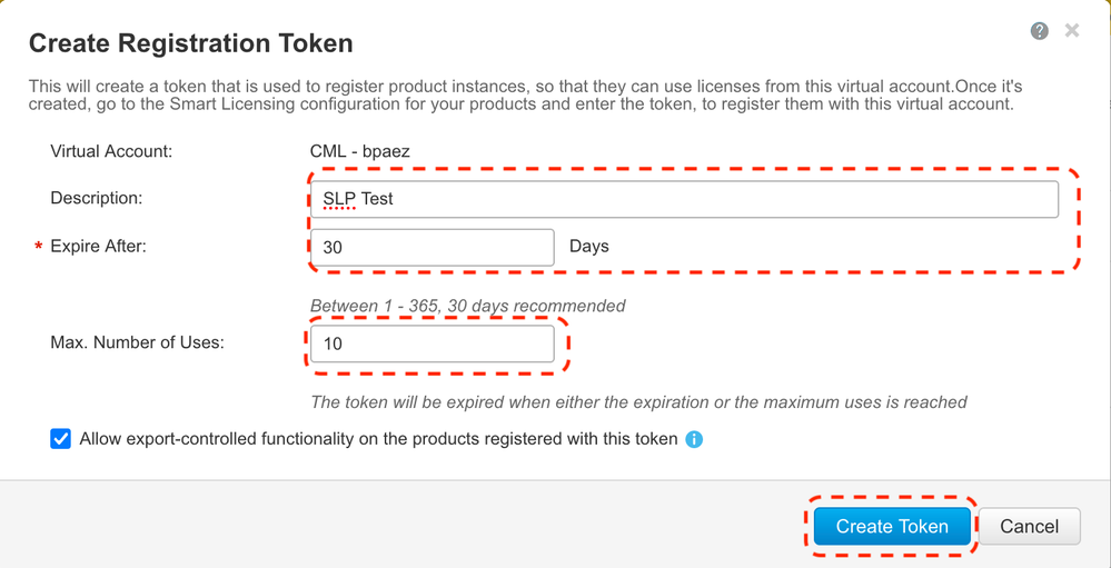 CSSM - Create Registration Token Pop Up