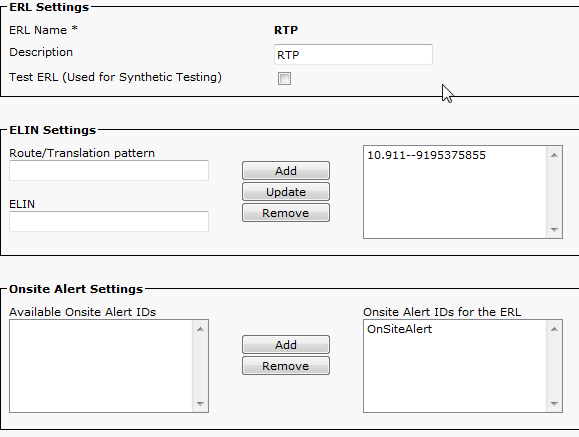 ERL Settings, ELIN Settings and Onsite Alert Settings