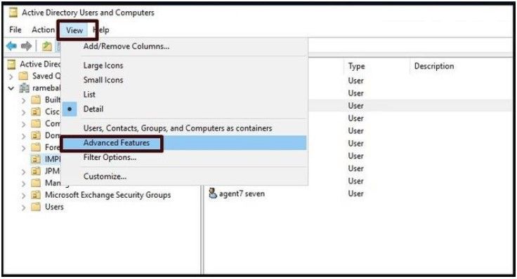 Enable Advanced Features for Active Directory Users and Computers.