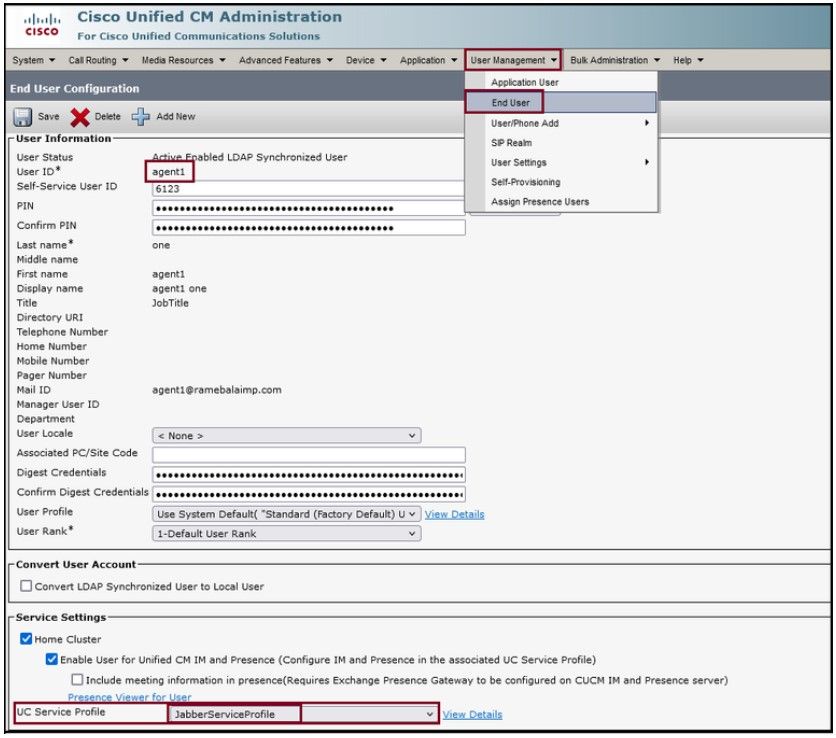 Ensure the UC Service Profile is assigned to the End User.