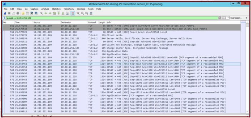 A captura do Wireshark no servidor Web mostra que as transações do arquivo PRT aconteceram com segurança.