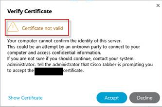 Advertencia sobre certificados no fiables de Jabber