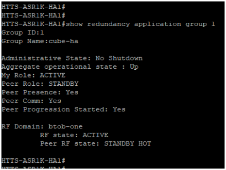 Output of the command 'show redundancy application group 1' from CUBE-1.