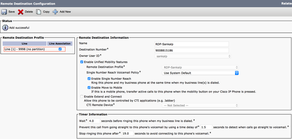 Select the Line Association Checkbox beside the Remote Destination Profile line