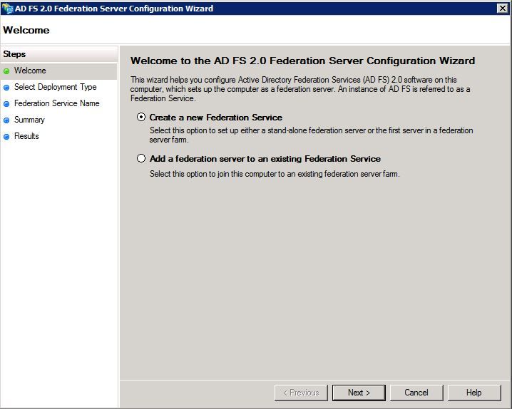 SSO with CUCM and AD FS - Configure AD FS 2.0 - Select the Create a New Federation Service Option