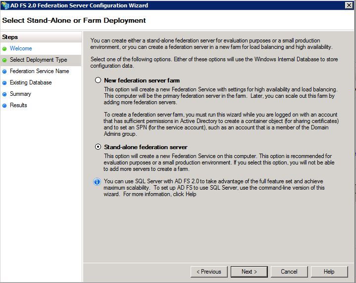 SSO with CUCM and AD FS - Configure AD FS 2.0 - Select the Stand-Alone Federation Server Option