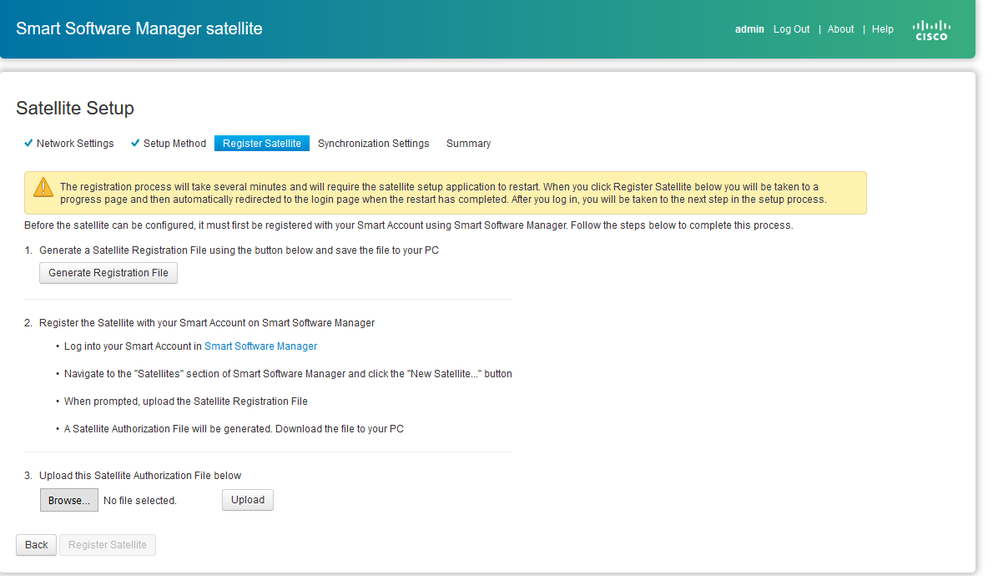 Configuração de satélite - Registrar satélite