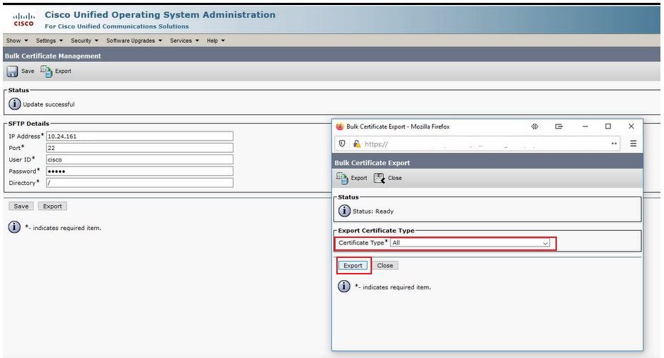 Select All for Certificate Type and then Click Export