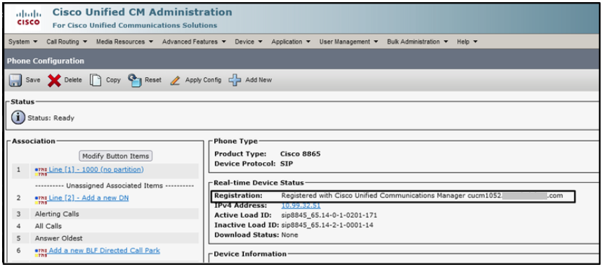 Phone Registered with the CUCM