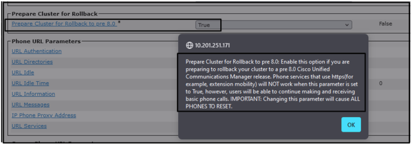 Information on the Prepare Cluster for Rollback to pre 8.0 Parameter