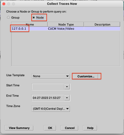 Collect Traces Now Customize