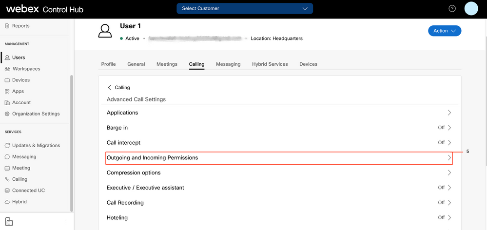 Webex Control Hub - Users - User 1 - Outgoing and Incoming Calls