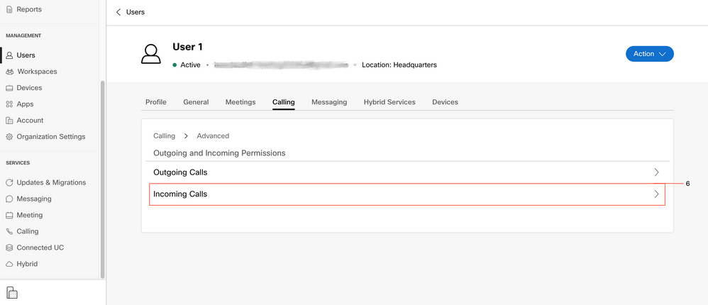 Webex Control Hub - Users - User 1 - Incoming Calls