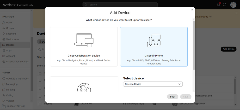 Select model of device