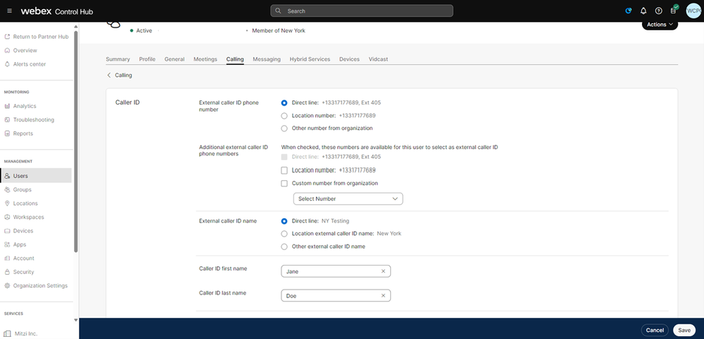 Seção de configuração de ID de chamada