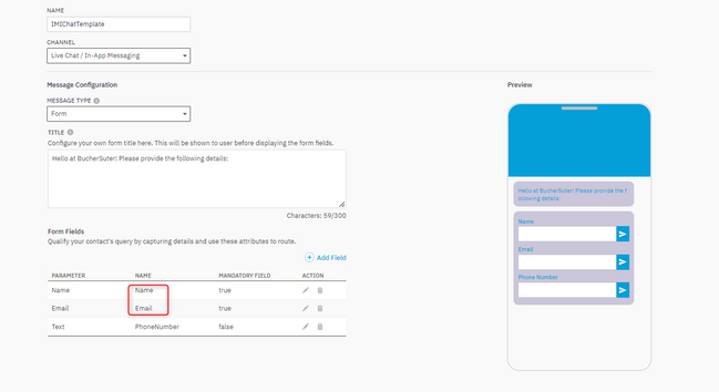 Chat template Name and Email fields