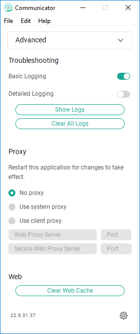 UC-One application displaying advanced menu options