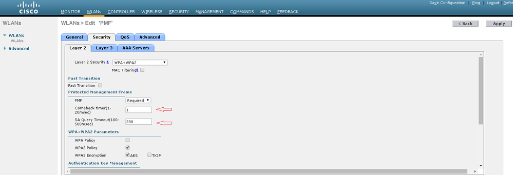 PMF Settings on the SSID