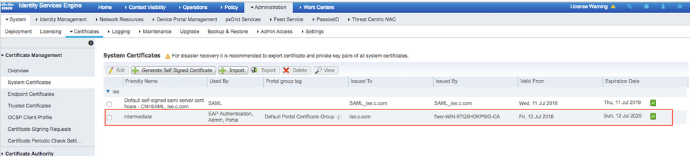 System Certificates on ISE