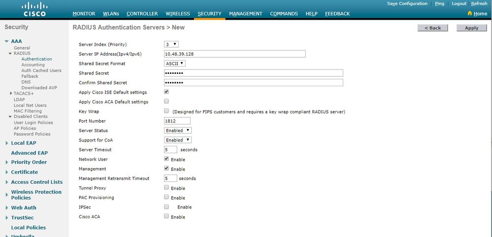 New RADIUS Server on the WLC