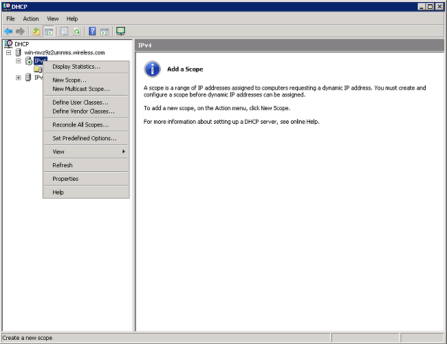 Expand the DHCP Server and Choose New Scope