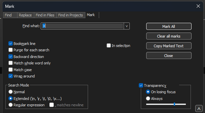 Notepad++ mark dialog box with Find what field with the chevron character inside.