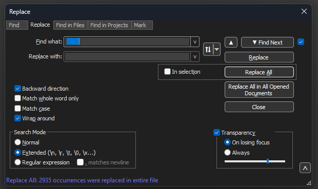 Notepad++ Replace dialog box with Find what field with 8 spaces.