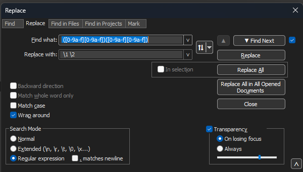 Notepad++ Replace dialog box