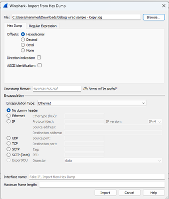 Wireshark import dialog box