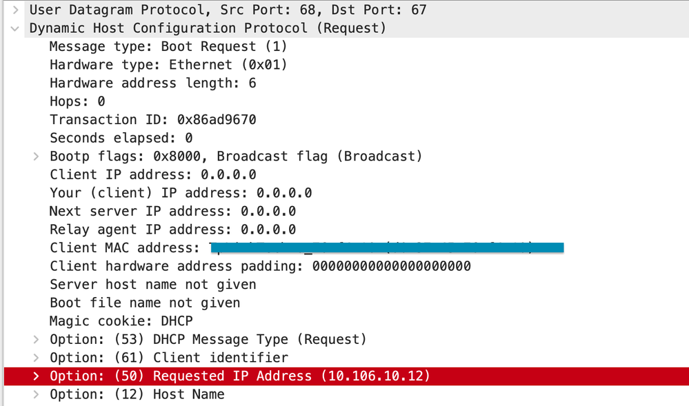 DHCP option 50 on WLC Packet capture