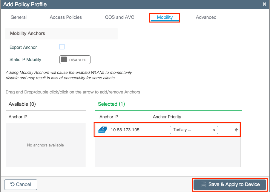 Configure a guia Mobility (Mobilidade) no Policy Profile (Perfil de política)