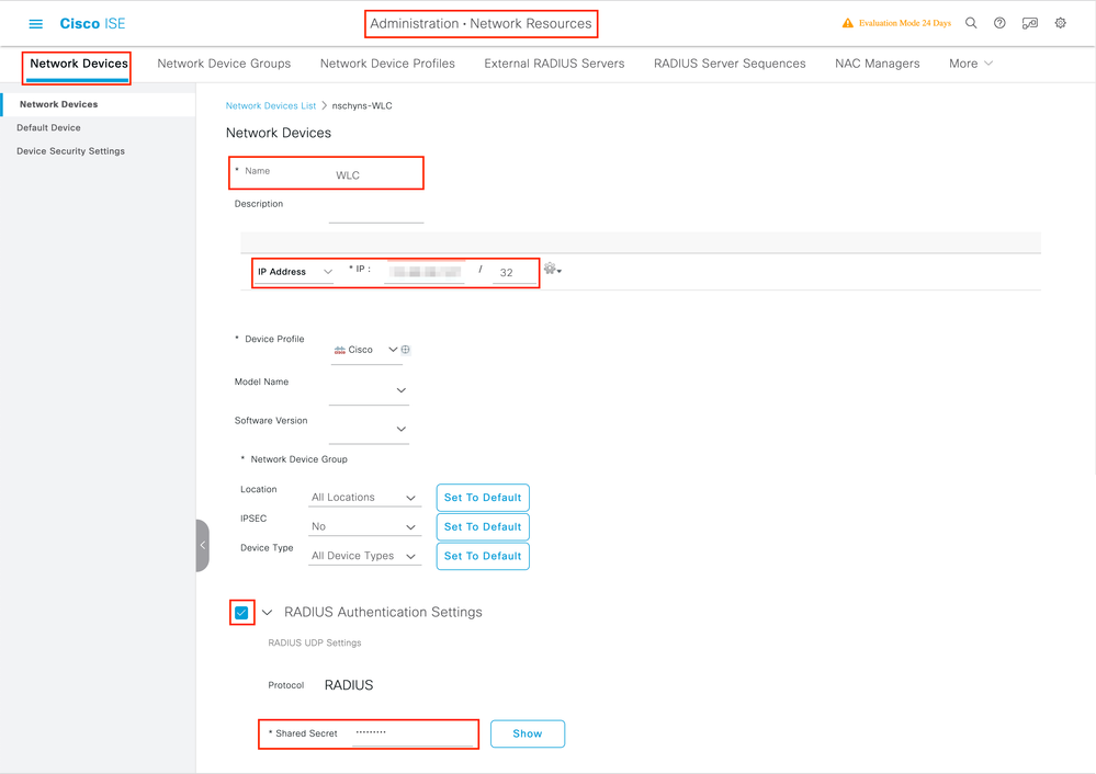 Configurar o dispositivo de rede no ISE