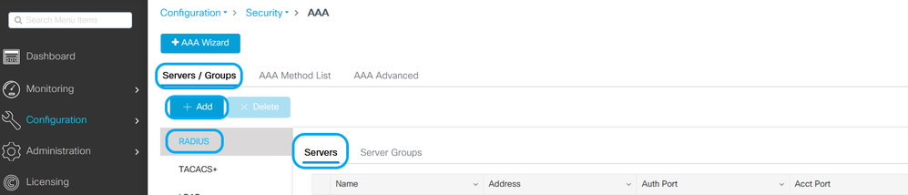 Navigate to RADIUS Servers and Select Add