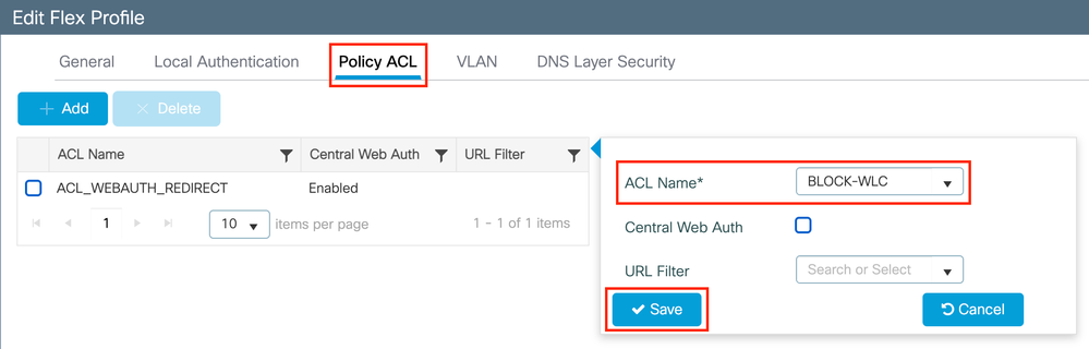 Set the policy ACL in the flex profile