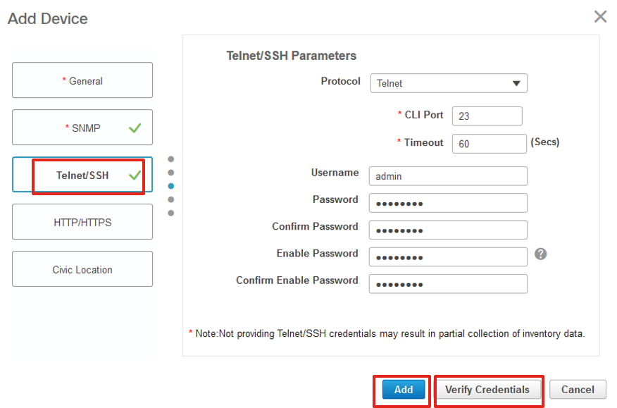 Add Device Telnet/SSH Credentials