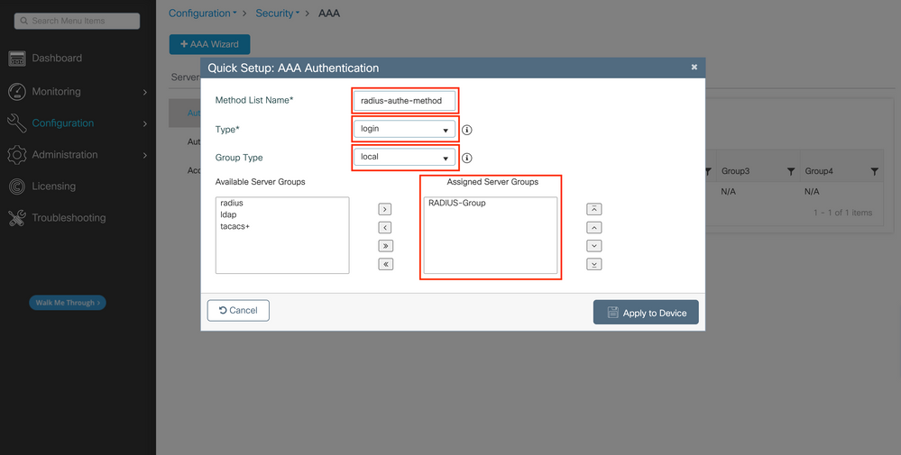 Defining the AAA Authentication Method