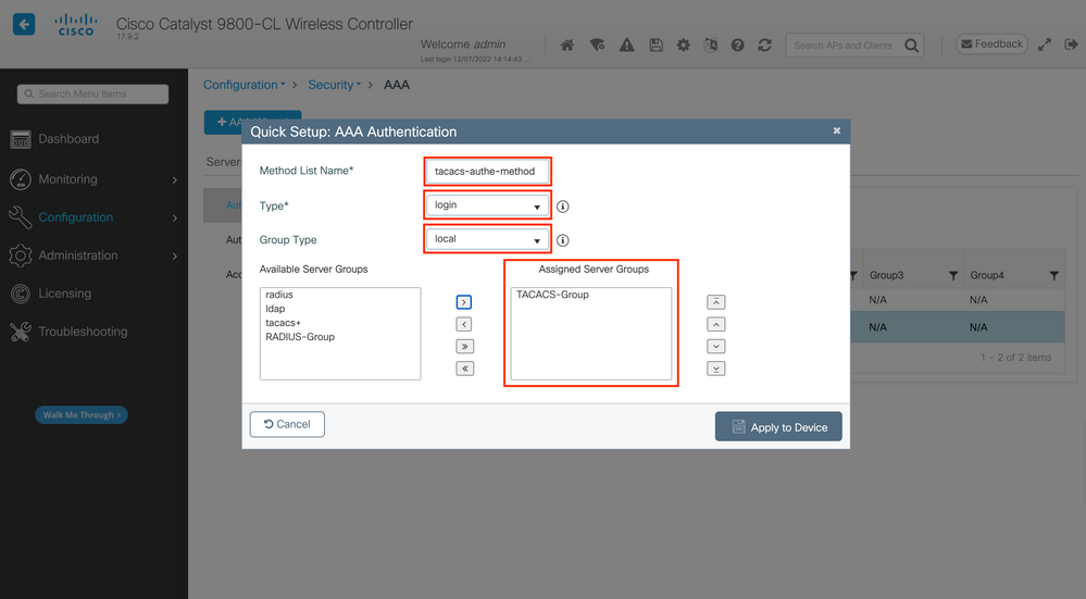 Defining the TACACS Authentication Method