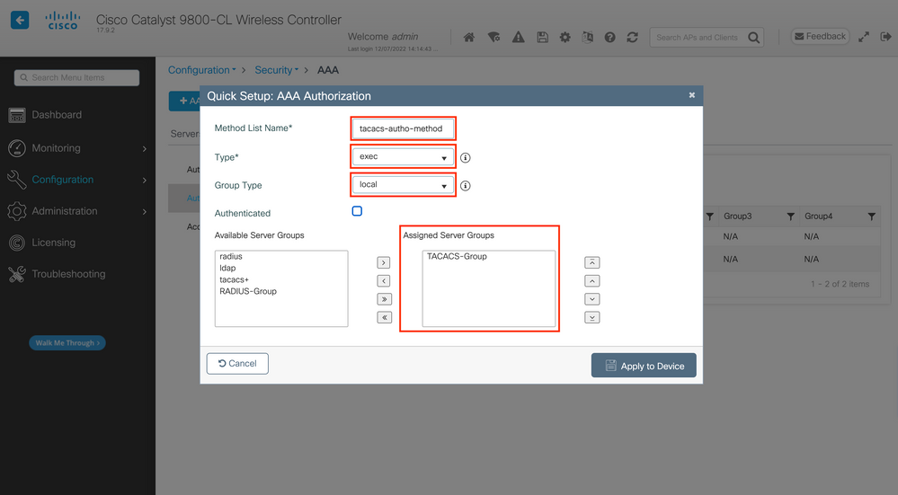 Defining the TACACS Authorization Method