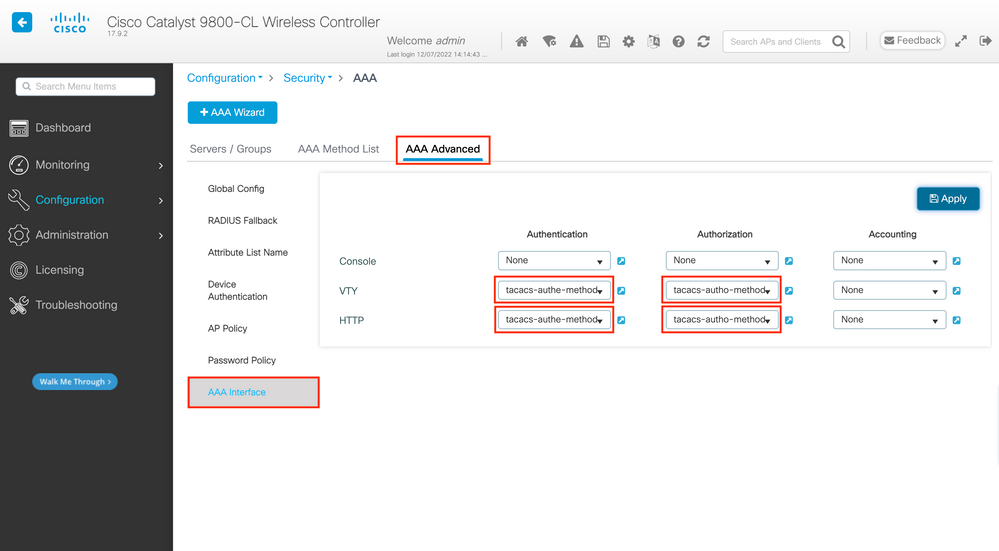 Setting the AAA Advanced Method Settings