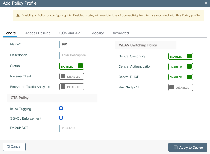 Central switching policy profile