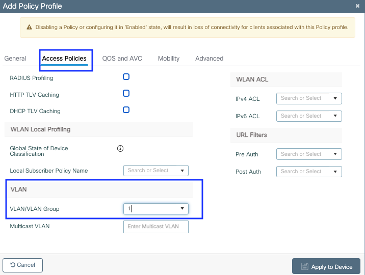 Access policies settings of the policy profile